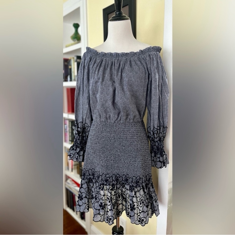 ALEXIS Dress Off Shoulder Navy White Dots Smocked Waist Floral Eyelet Trim SZ L
